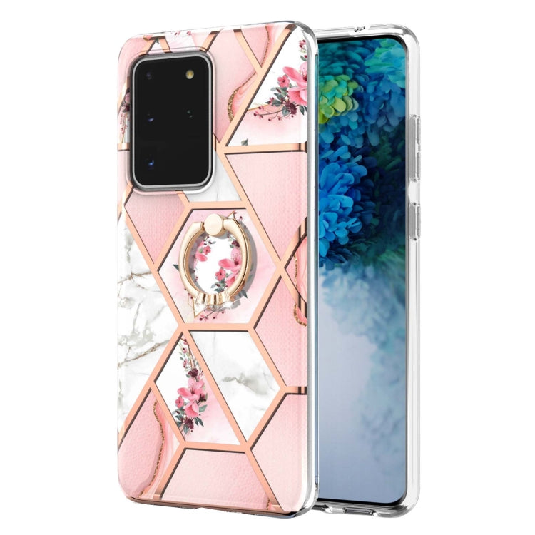 For Samsung Galaxy S20 Ultra Electroplating Splicing Marble Flower Pattern TPU Shockproof Case with Rhinestone Ring Holder(Pink Flower) by buy2fix