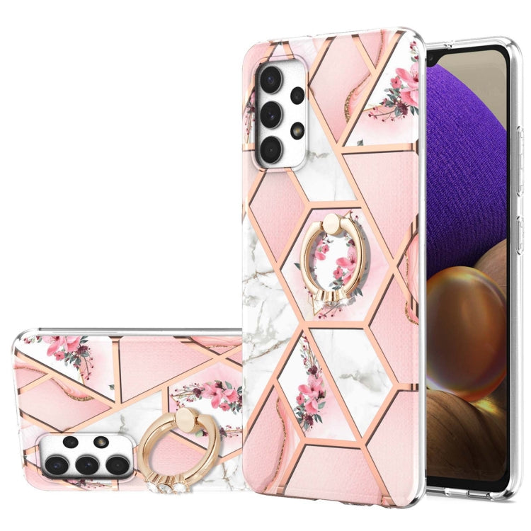 For Samsung Galaxy A32 4G EU Version Electroplating Splicing Marble Flower Pattern TPU Shockproof Case with Rhinestone Ring Holder(Pink Flower) by buy2fix