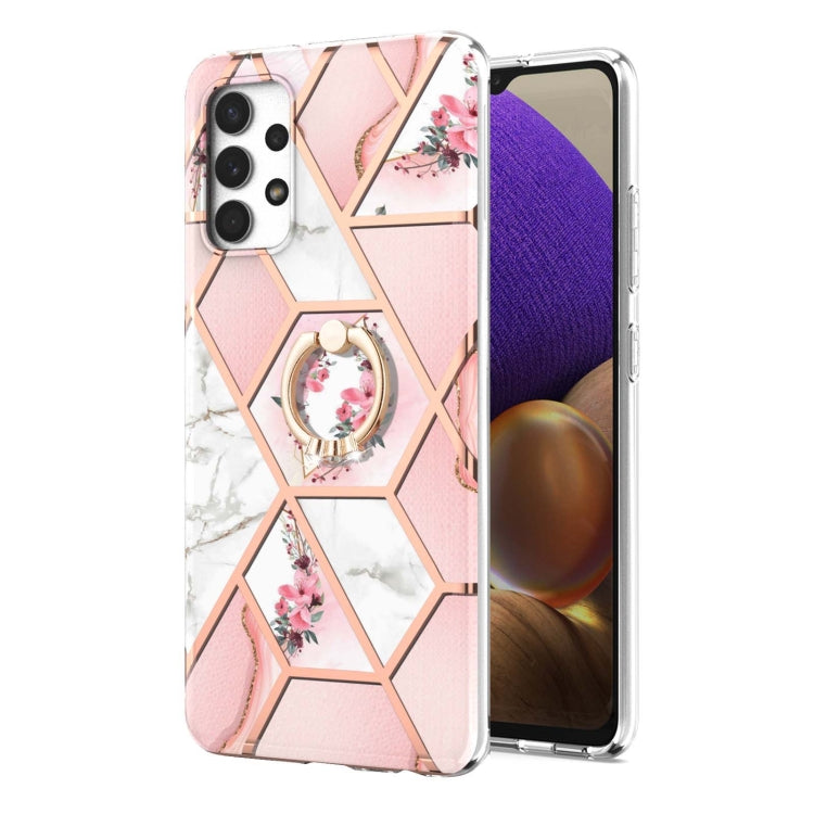 For Samsung Galaxy A32 4G EU Version Electroplating Splicing Marble Flower Pattern TPU Shockproof Case with Rhinestone Ring Holder(Pink Flower) by buy2fix