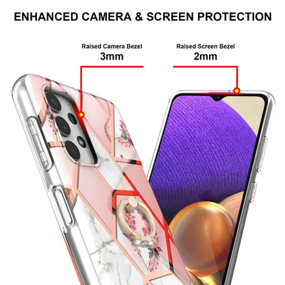 For Samsung Galaxy A32 4G EU Version Electroplating Splicing Marble Flower Pattern TPU Shockproof Case with Rhinestone Ring Holder(Pink Flower) by buy2fix