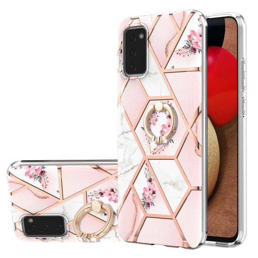 For Samsung Galaxy A02S 166mm Electroplating Splicing Marble Flower Pattern TPU Shockproof Case with Rhinestone Ring Holder(Pink Flower) by buy2fix