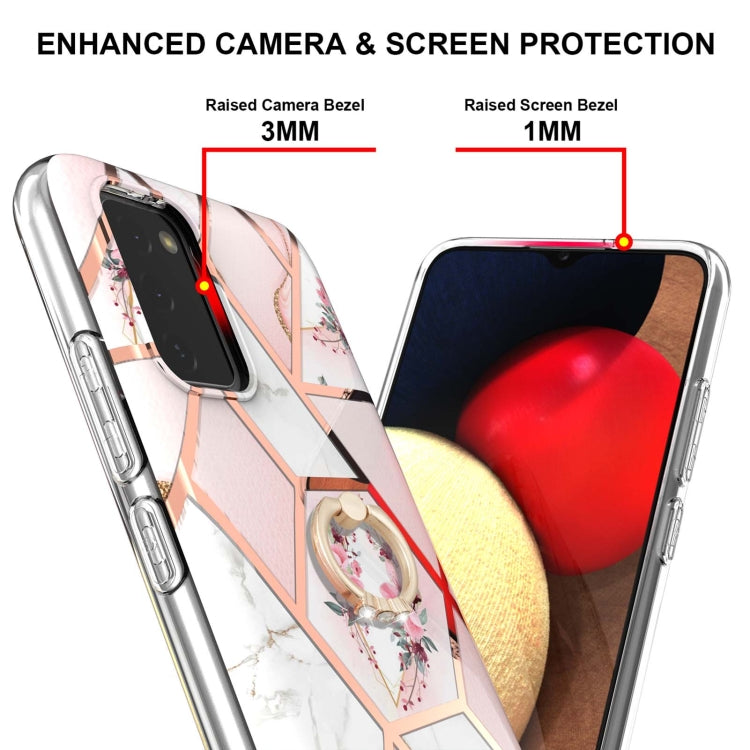 For Samsung Galaxy A02S 166mm Electroplating Splicing Marble Flower Pattern TPU Shockproof Case with Rhinestone Ring Holder(Pink Flower) by buy2fix