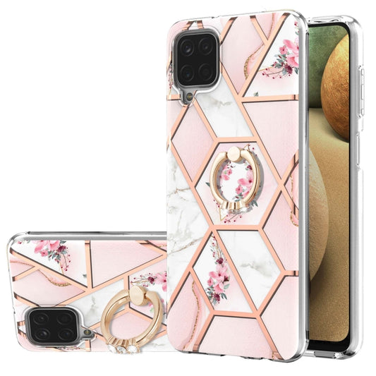 For Samsung Galaxy A12 5G/F12/M12 Electroplating Splicing Marble Flower Pattern TPU Shockproof Case with Rhinestone Ring Holder(Pink Flower) by buy2fix