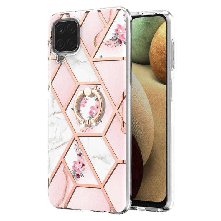 For Samsung Galaxy A12 5G/F12/M12 Electroplating Splicing Marble Flower Pattern TPU Shockproof Case with Rhinestone Ring Holder(Pink Flower) by buy2fix