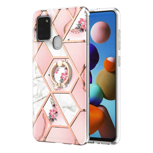 For Samsung Galaxy A21s Electroplating Splicing Marble Flower Pattern TPU Shockproof Case with Rhinestone Ring Holder(Pink Flower) by buy2fix