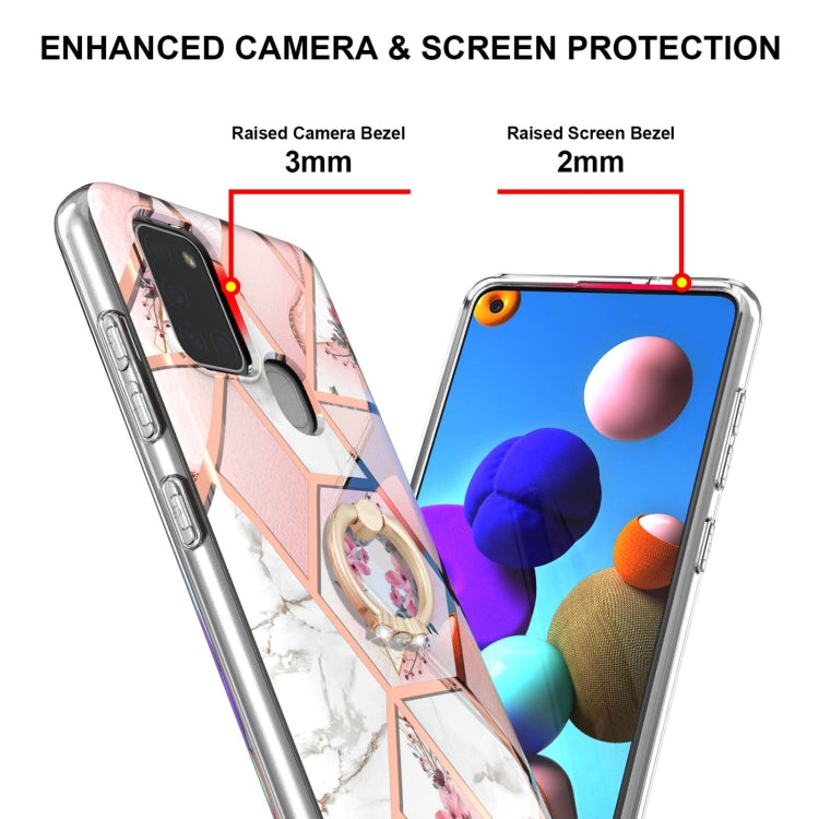 For Samsung Galaxy A21s Electroplating Splicing Marble Flower Pattern TPU Shockproof Case with Rhinestone Ring Holder(Pink Flower) by buy2fix