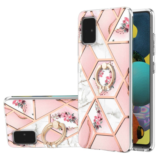 For Samsung Galaxy A51 4G Electroplating Splicing Marble Flower Pattern TPU Shockproof Case with Rhinestone Ring Holder(Pink Flower) by buy2fix