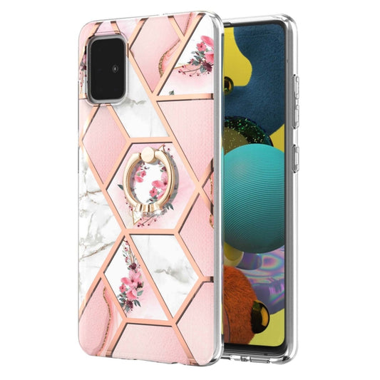 For Samsung Galaxy A51 4G Electroplating Splicing Marble Flower Pattern TPU Shockproof Case with Rhinestone Ring Holder(Pink Flower) by buy2fix