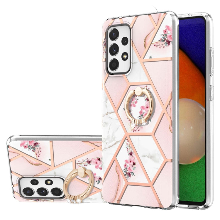 For Samsung Galaxy A52 5G / 4G Electroplating Splicing Marble Flower Pattern TPU Shockproof Case with Rhinestone Ring Holder(Pink Flower) by buy2fix