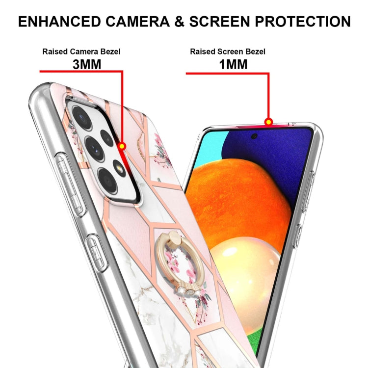 For Samsung Galaxy A52 5G / 4G Electroplating Splicing Marble Flower Pattern TPU Shockproof Case with Rhinestone Ring Holder(Pink Flower) by buy2fix