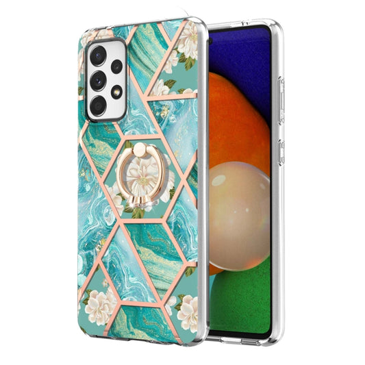 For Samsung Galaxy A52 5G / 4G Electroplating Splicing Marble Flower Pattern TPU Shockproof Case with Rhinestone Ring Holder(Blue Flower) by buy2fix