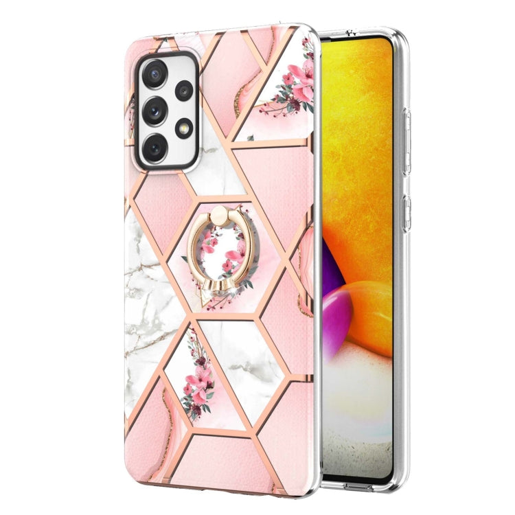 For Samsung Galaxy A72 5G / 4G Electroplating Splicing Marble Flower Pattern TPU Shockproof Case with Rhinestone Ring Holder(Pink Flower) by buy2fix