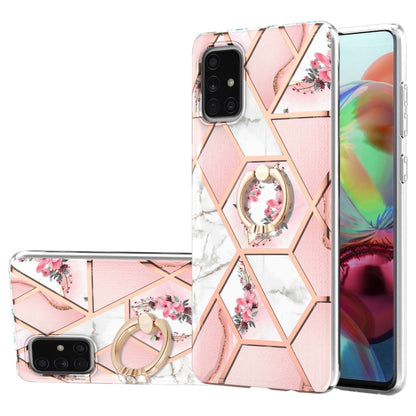 For Samsung Galaxy A71 4G Electroplating Splicing Marble Flower Pattern TPU Shockproof Case with Rhinestone Ring Holder(Pink Flower) by buy2fix