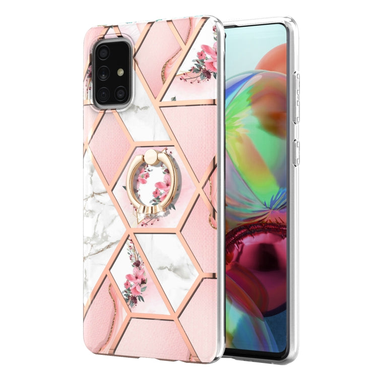 For Samsung Galaxy A71 4G Electroplating Splicing Marble Flower Pattern TPU Shockproof Case with Rhinestone Ring Holder(Pink Flower) by buy2fix