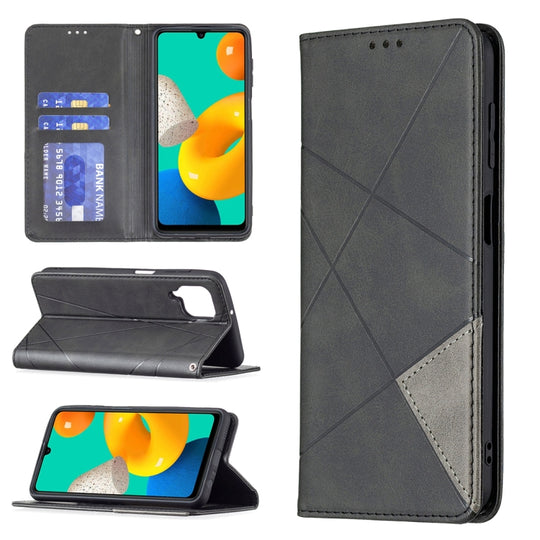 For Samsung Galaxy M32 Rhombus Texture Horizontal Flip Magnetic Leather Case with Holder & Card Slots(Black)