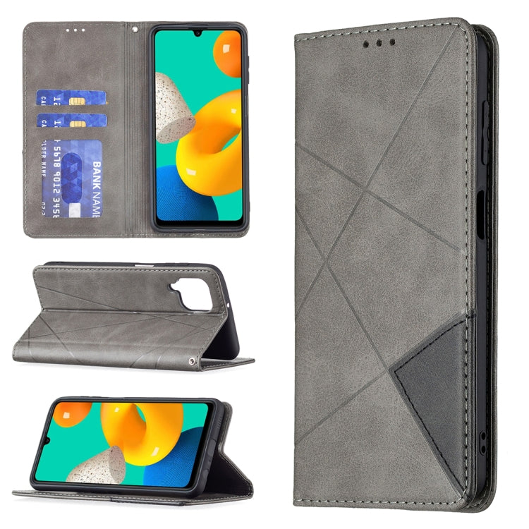 For Samsung Galaxy M32 Rhombus Texture Horizontal Flip Magnetic Leather Case with Holder & Card Slots(Grey) by buy2fix