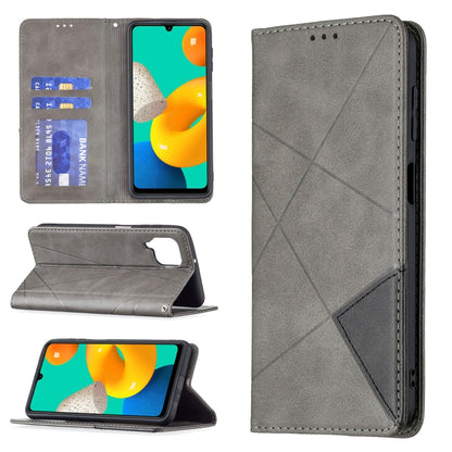 For Samsung Galaxy M32 Rhombus Texture Horizontal Flip Magnetic Leather Case with Holder & Card Slots(Grey) by buy2fix