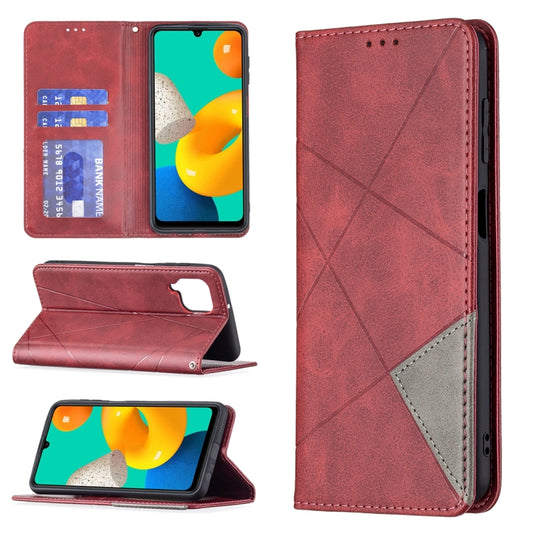 For Samsung Galaxy M32 Rhombus Texture Horizontal Flip Magnetic Leather Case with Holder & Card Slots(Red) by buy2fix