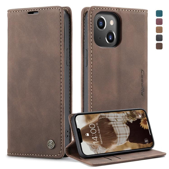 For iPhone 13 CaseMe-013 Multifunctional Retro Frosted Horizontal Flip Leather Case with Card Slot & Holder & Wallet(Coffee)