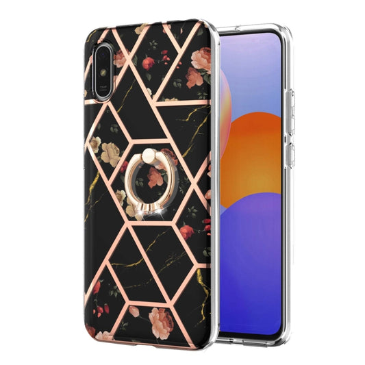 For Xiaomi Redmi 9A Electroplating Splicing Marble Flower Pattern TPU Shockproof Case with Rhinestone Ring Holder(Black Flower) - Xiaomi Cases by buy2fix | Online Shopping UK | buy2fix