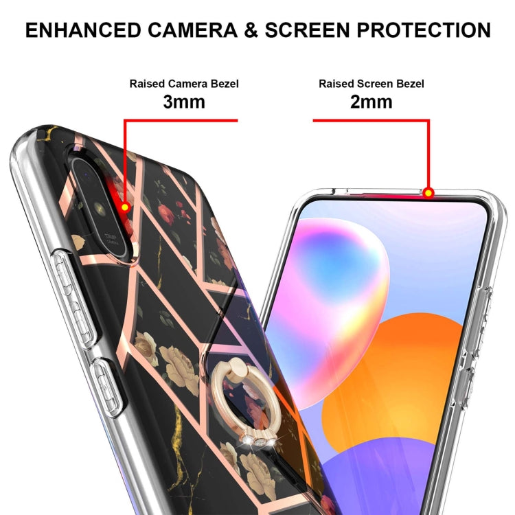 For Xiaomi Redmi 9A Electroplating Splicing Marble Flower Pattern TPU Shockproof Case with Rhinestone Ring Holder(Black Flower) - Xiaomi Cases by buy2fix | Online Shopping UK | buy2fix