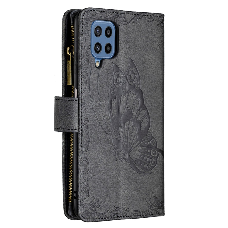 For Samsung Galaxy M32 Flying Butterfly Embossing Pattern Zipper Horizontal Flip Leather Case with Holder & Card Slots & Wallet(Black) by buy2fix