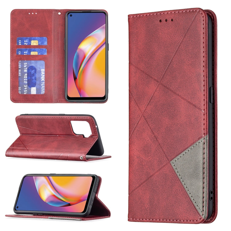 For OPPO A94 4G / Reno 5F / F19 Pro Rhombus Texture Horizontal Flip Magnetic Leather Case with Holder & Card Slots(Red) by buy2fix