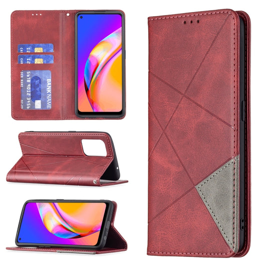 For OPPO A94 5G / F19 Pro Plus / Reno5 Z 5G Rhombus Texture Horizontal Flip Magnetic Leather Case with Holder & Card Slots(Red) by buy2fix