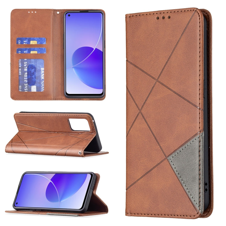For OPPO Reno6 Rhombus Texture Horizontal Flip Magnetic Leather Case with Holder & Card Slots(Brown) by buy2fix