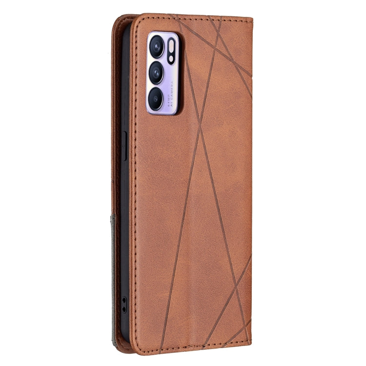For OPPO Reno6 Rhombus Texture Horizontal Flip Magnetic Leather Case with Holder & Card Slots(Brown) by buy2fix