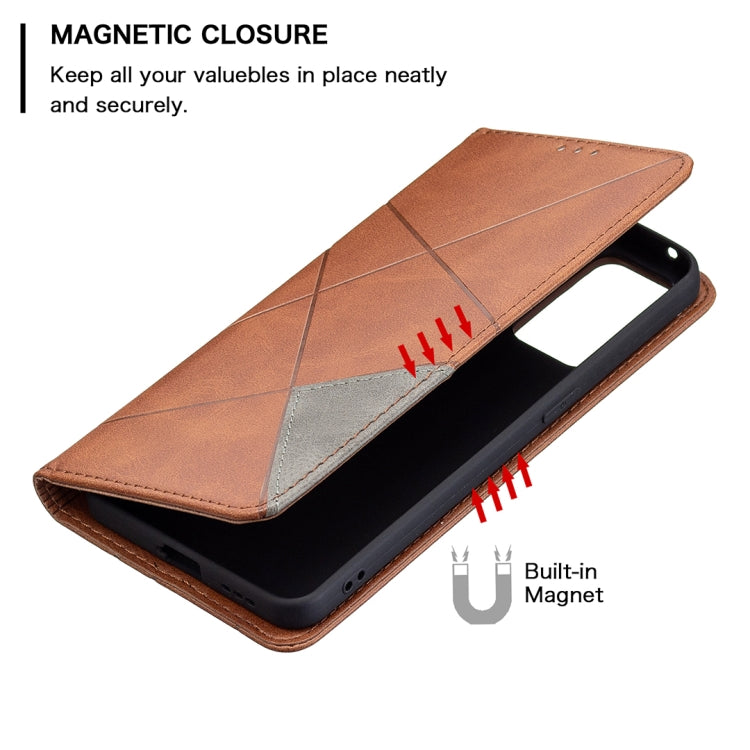 For OPPO Reno6 Rhombus Texture Horizontal Flip Magnetic Leather Case with Holder & Card Slots(Brown) by buy2fix
