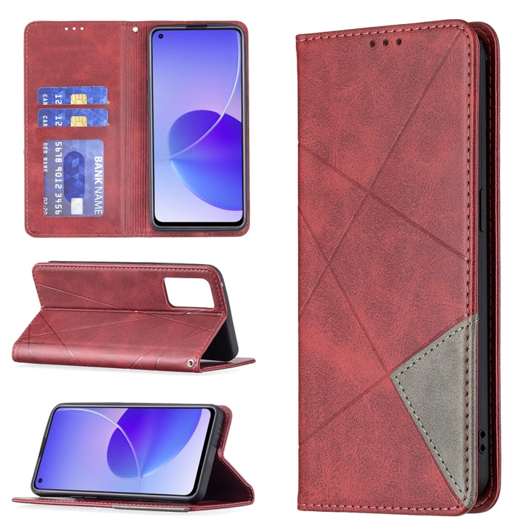 For OPPO Reno6 Rhombus Texture Horizontal Flip Magnetic Leather Case with Holder & Card Slots(Red) by buy2fix