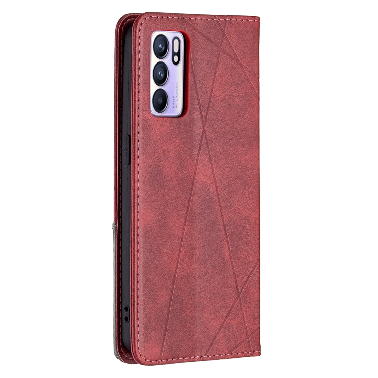For OPPO Reno6 Rhombus Texture Horizontal Flip Magnetic Leather Case with Holder & Card Slots(Red) by buy2fix