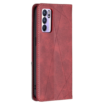 For OPPO Reno6 Rhombus Texture Horizontal Flip Magnetic Leather Case with Holder & Card Slots(Red) by buy2fix