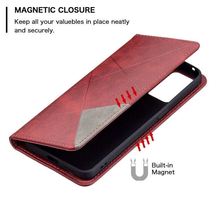 For OPPO Reno6 Rhombus Texture Horizontal Flip Magnetic Leather Case with Holder & Card Slots(Red) by buy2fix