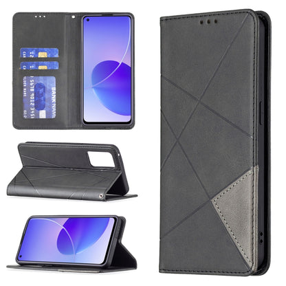 For OPPO Reno6 Rhombus Texture Horizontal Flip Magnetic Leather Case with Holder & Card Slots(Black) by buy2fix