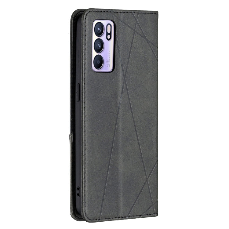 For OPPO Reno6 Rhombus Texture Horizontal Flip Magnetic Leather Case with Holder & Card Slots(Black) by buy2fix