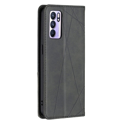 For OPPO Reno6 Rhombus Texture Horizontal Flip Magnetic Leather Case with Holder & Card Slots(Black) by buy2fix