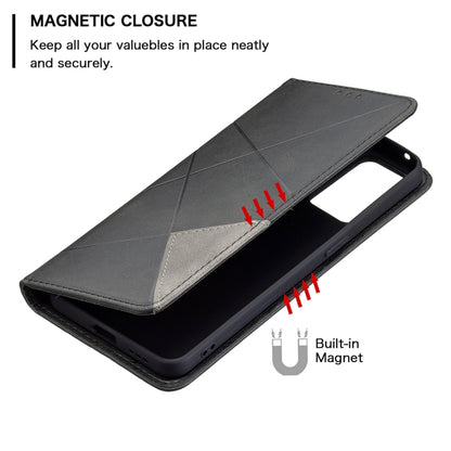 For OPPO Reno6 Rhombus Texture Horizontal Flip Magnetic Leather Case with Holder & Card Slots(Black) by buy2fix