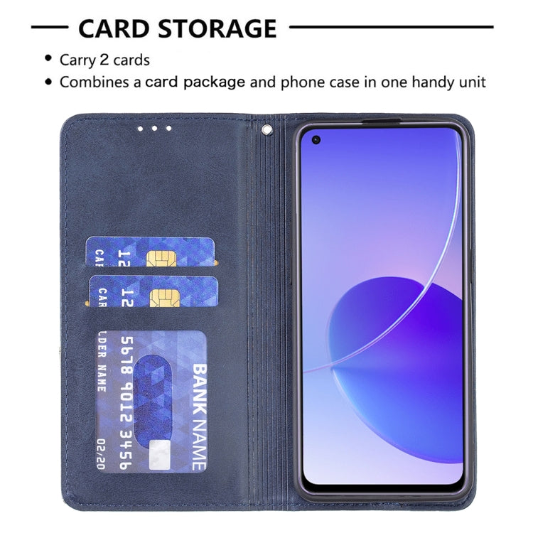 For OPPO Reno6 Rhombus Texture Horizontal Flip Magnetic Leather Case with Holder & Card Slots(Blue) by buy2fix