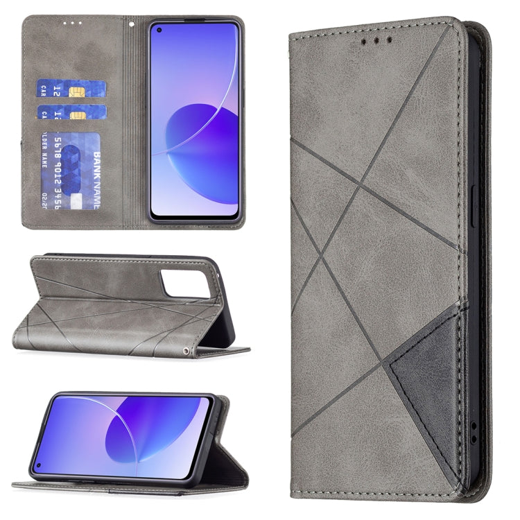 For OPPO Reno6 Rhombus Texture Horizontal Flip Magnetic Leather Case with Holder & Card Slots(Grey) by buy2fix
