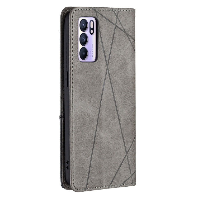 For OPPO Reno6 Rhombus Texture Horizontal Flip Magnetic Leather Case with Holder & Card Slots(Grey) by buy2fix