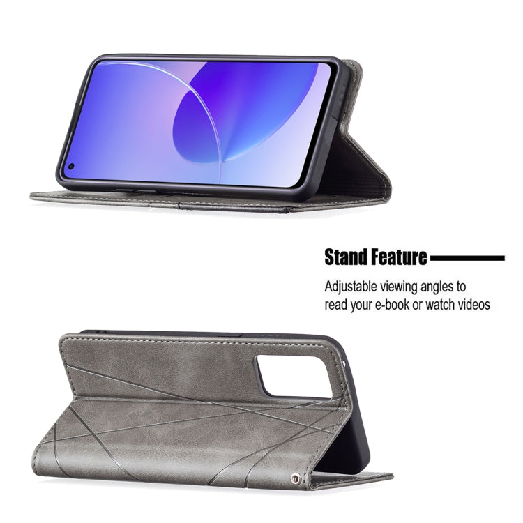 For OPPO Reno6 Rhombus Texture Horizontal Flip Magnetic Leather Case with Holder & Card Slots(Grey) by buy2fix