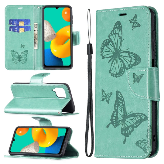 For Samsung Galaxy M32 Embossing Two Butterflies Pattern Horizontal Flip PU Leather Case with Holder & Card Slot & Wallet & Lanyard(Green)