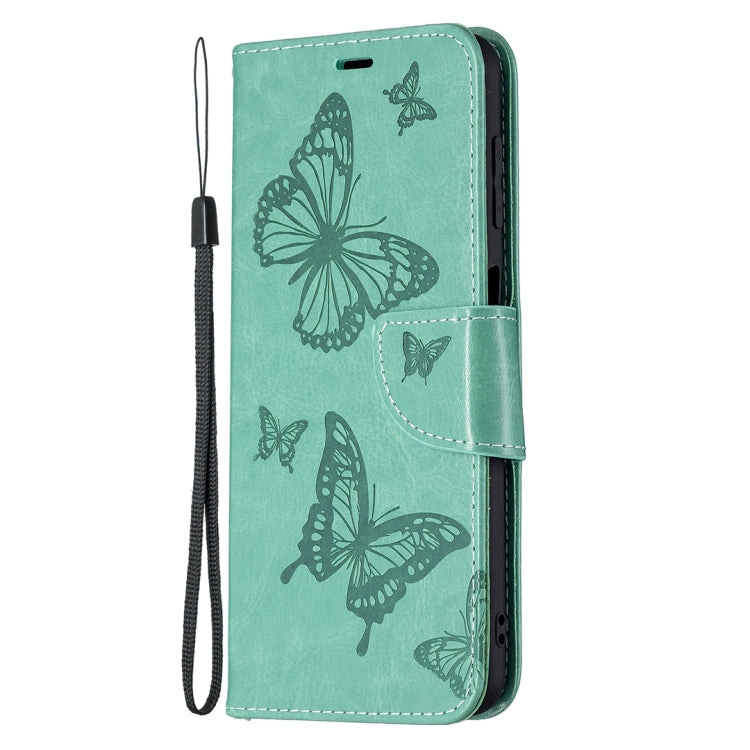 For Samsung Galaxy M32 Embossing Two Butterflies Pattern Horizontal Flip PU Leather Case with Holder & Card Slot & Wallet & Lanyard(Green) by buy2fix