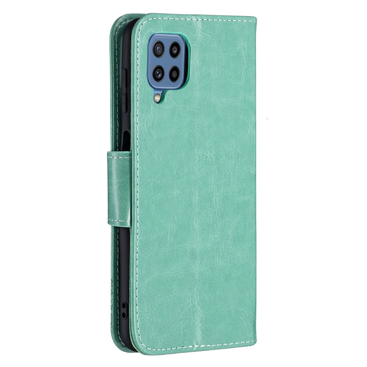 For Samsung Galaxy M32 Embossing Two Butterflies Pattern Horizontal Flip PU Leather Case with Holder & Card Slot & Wallet & Lanyard(Green) by buy2fix