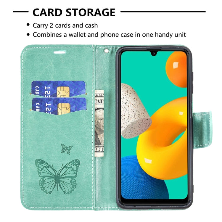 For Samsung Galaxy M32 Embossing Two Butterflies Pattern Horizontal Flip PU Leather Case with Holder & Card Slot & Wallet & Lanyard(Green) by buy2fix