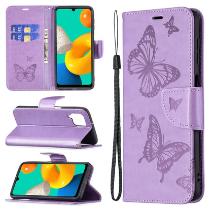 For Samsung Galaxy M32 Embossing Two Butterflies Pattern Horizontal Flip PU Leather Case with Holder & Card Slot & Wallet & Lanyard(Purple) by buy2fix