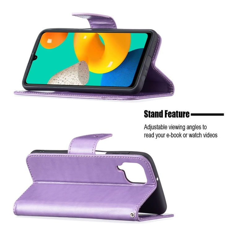 For Samsung Galaxy M32 Embossing Two Butterflies Pattern Horizontal Flip PU Leather Case with Holder & Card Slot & Wallet & Lanyard(Purple) by buy2fix