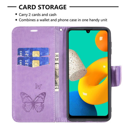 For Samsung Galaxy M32 Embossing Two Butterflies Pattern Horizontal Flip PU Leather Case with Holder & Card Slot & Wallet & Lanyard(Purple) by buy2fix